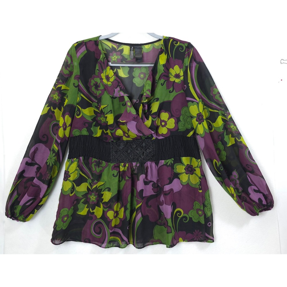 Bisou Bisou Floral Ruffle Chiffon Blouse Purple Green Women M Retro Boho Office